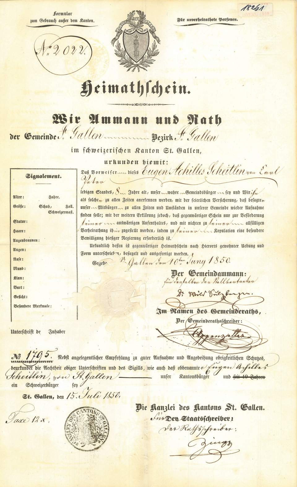 Heimatschein von Eugen Achilles Scheitlin