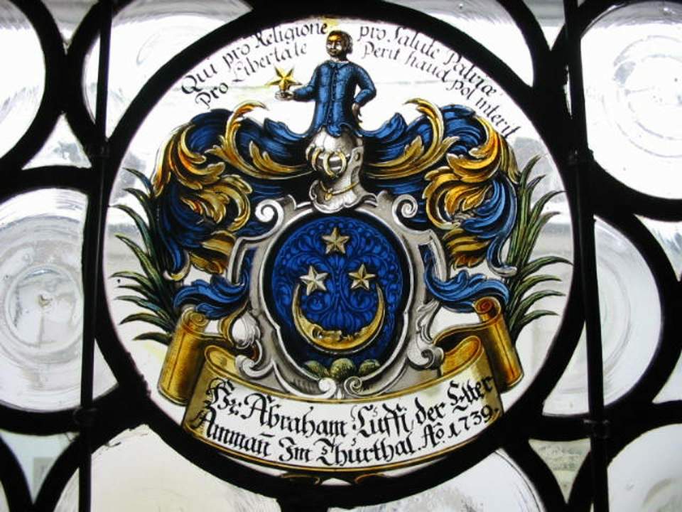 Wappenscheibe von Abraham Luffi, Monolithrundscheibe, Glasgemälde