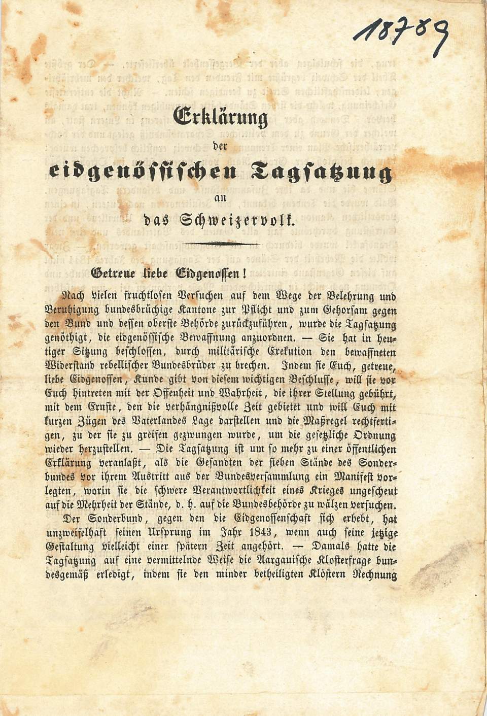 Erläsung der eidg. Tagsatzung an das Schweizervolk, Druck (4. November 1847)
