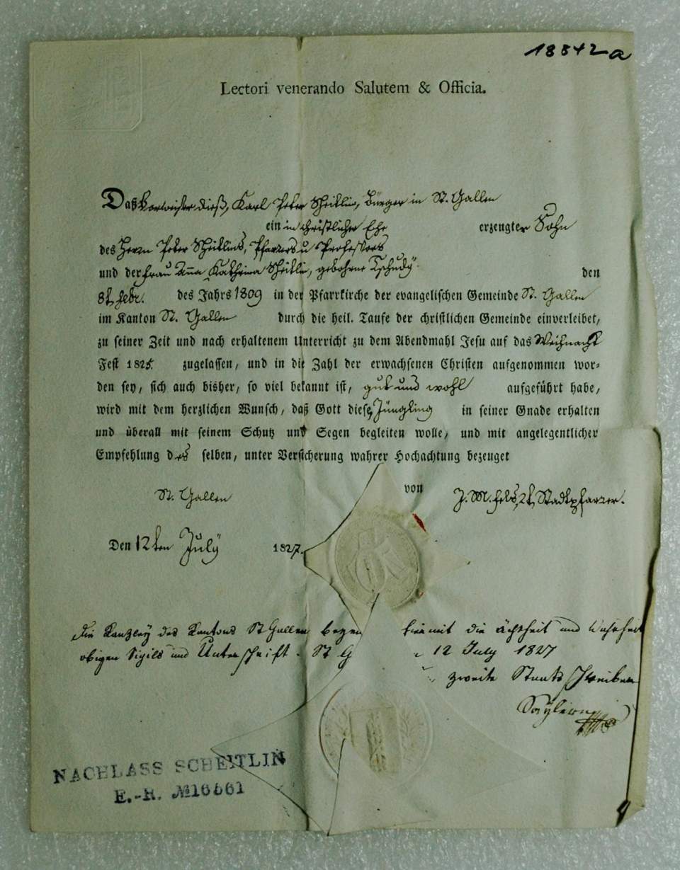 Heimatschein von Karl Peter Scheitlin (12.Juli 1827)