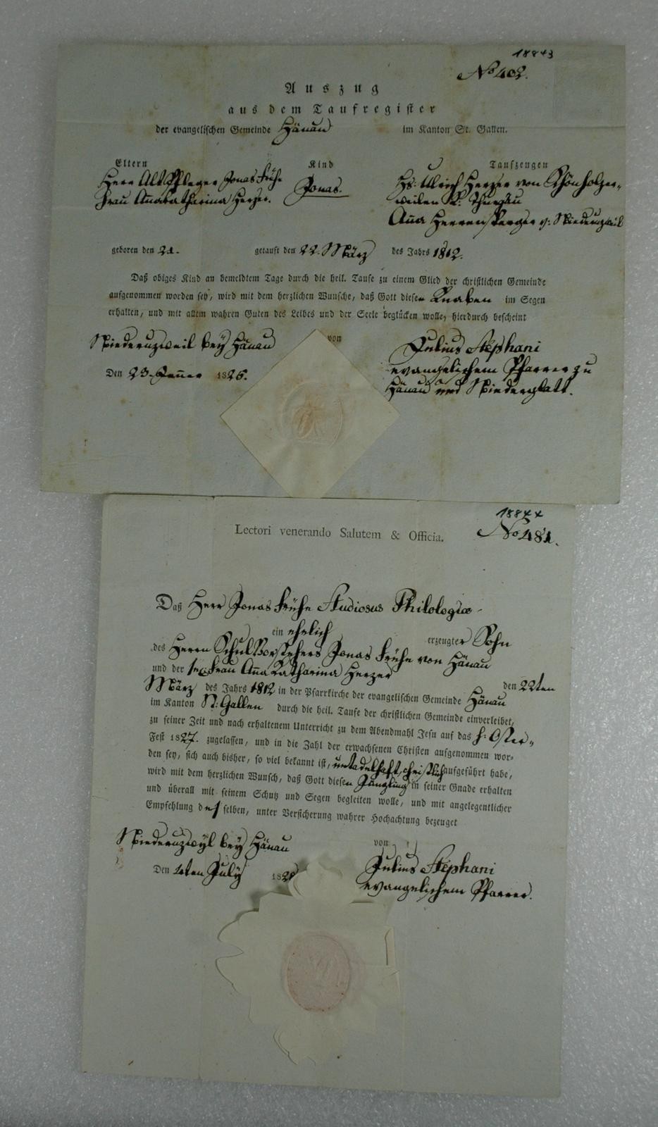 Auszug aus dem Taufregister bzw. Heimatschein von Jonas Früh