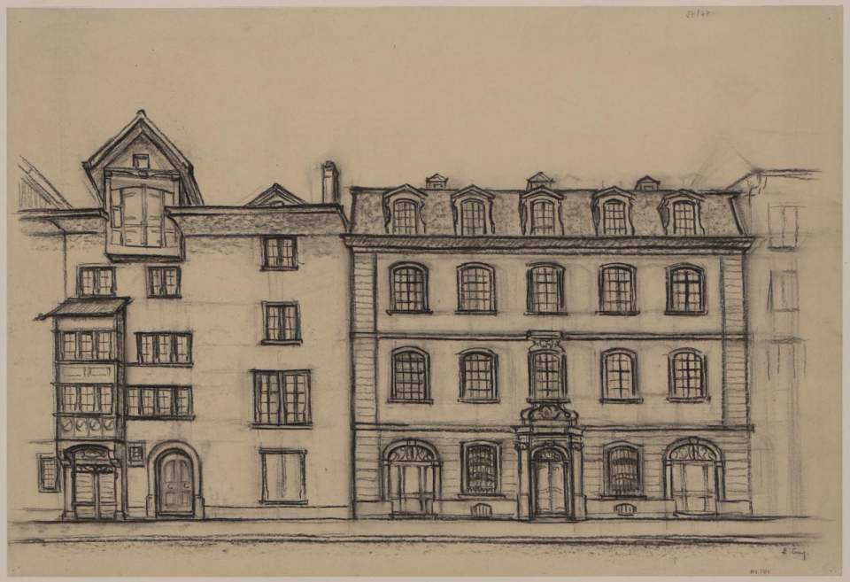 Kohlezeichnung Goldapfel und Tiefer Keller St.Gallen