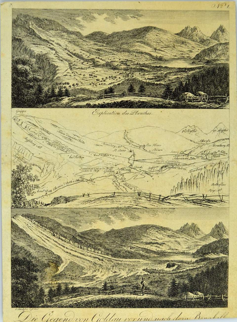 Ansicht Gegend von Goldau vor und nach dem Bergsturz