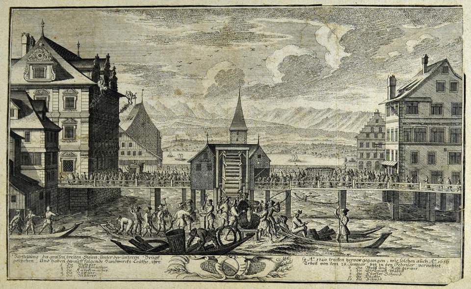 Bild Hervorkommen des grossen breiten Steins in der Limmat unter der untern Brücke