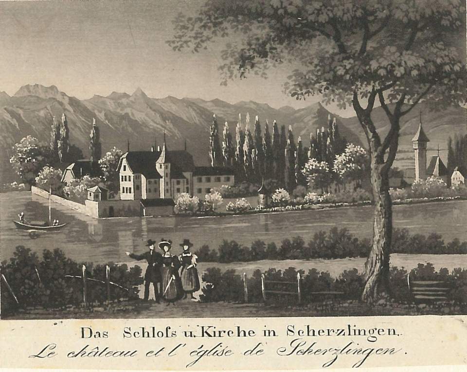 Grafik, Schloss und Kirche von Scherzligen 
