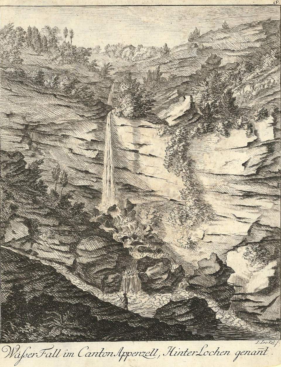 Grafik, Ansicht Wasserfall im Kanton Appenzell, Hinter Lochen genannt