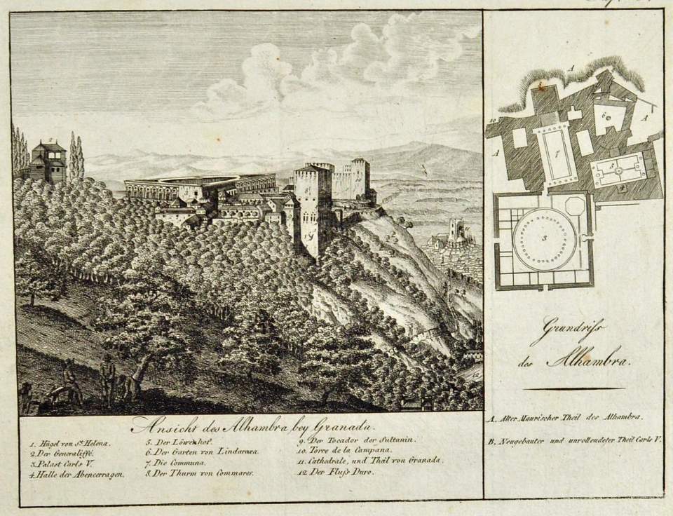 Ansicht Alhambra bei Granada Grundrisplan und Legende