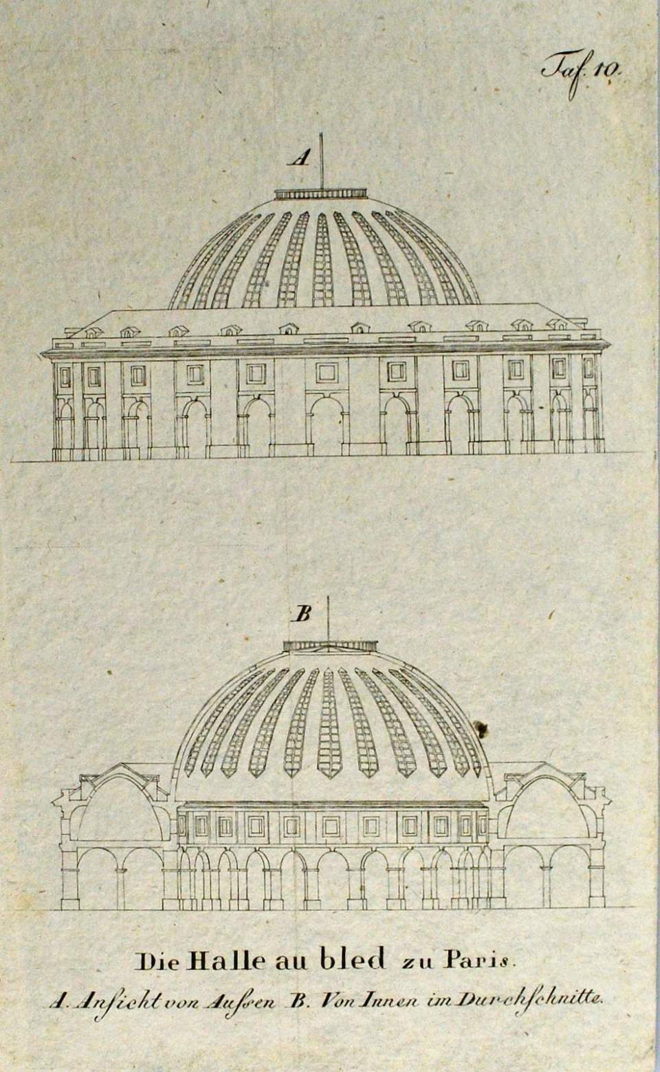 Ansicht, Zeichnung der Halle au bled in Paris