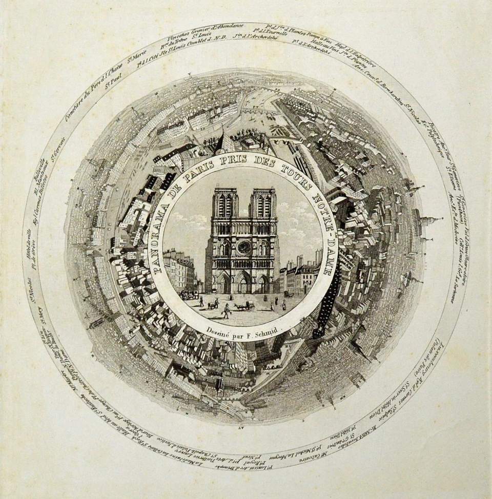 Rundbild, Panorama der Stadt Paris von den Türmen  Notre Dame aus