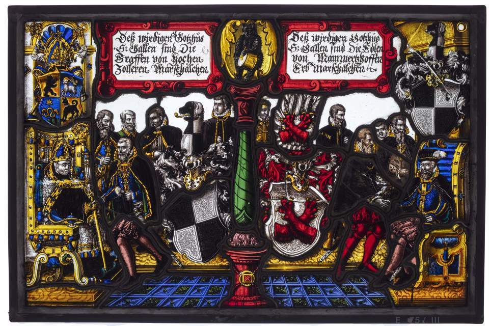 Wappenscheibe von Abt Otmar Cunz, der Grafen von Hohenzollern und der Edlen von Mammertshofen (Belehnung als Marschallen), Glasgemälde