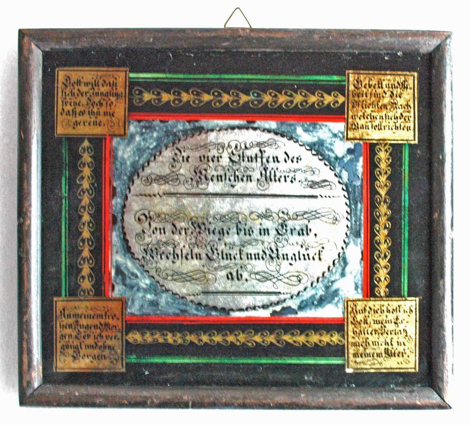 Hinterglasbild "Die vier Stufen des menschlichen Alters"; 1. Hälfte 19. Jh.