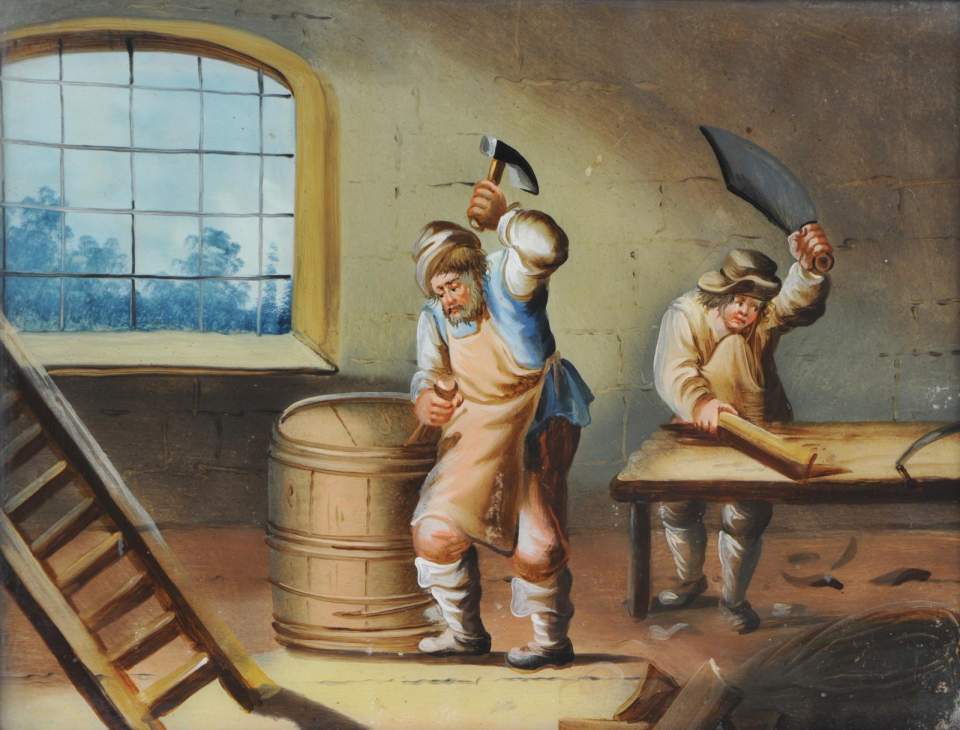 2 Aquarelle " Werkstatt des Küfers", Werkstatt des Glasers"