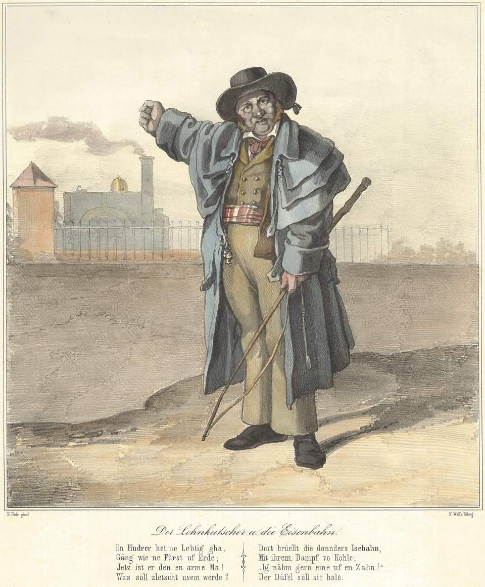 Lithographie "Der Lohnkutscher und die Eisenbahn"