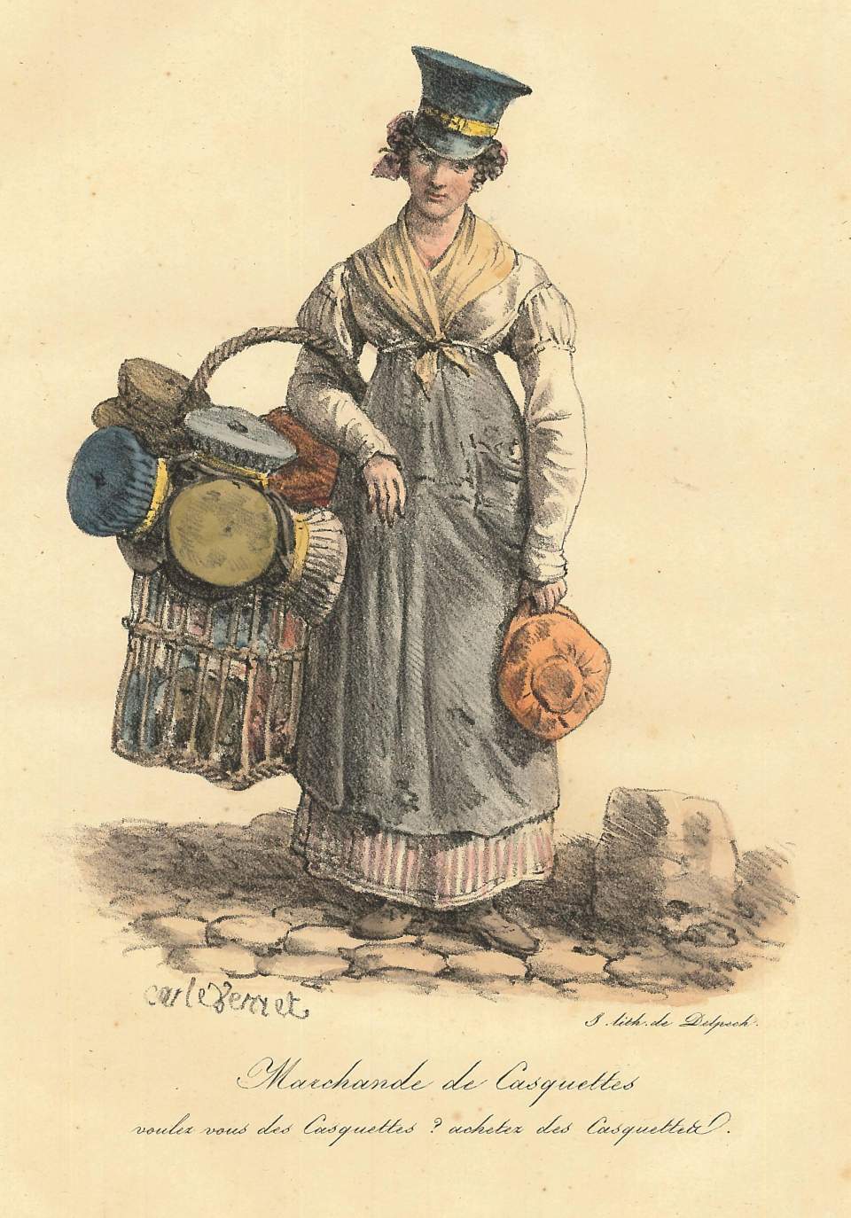 Lithographie "Marchande de Casquettes"