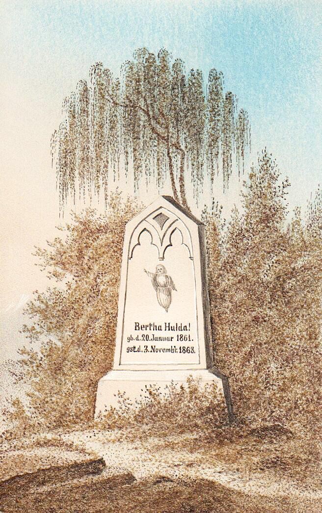 Totenandenken für Bertha Hulda, Trauerkarte, Haarbild, Haararbeit
