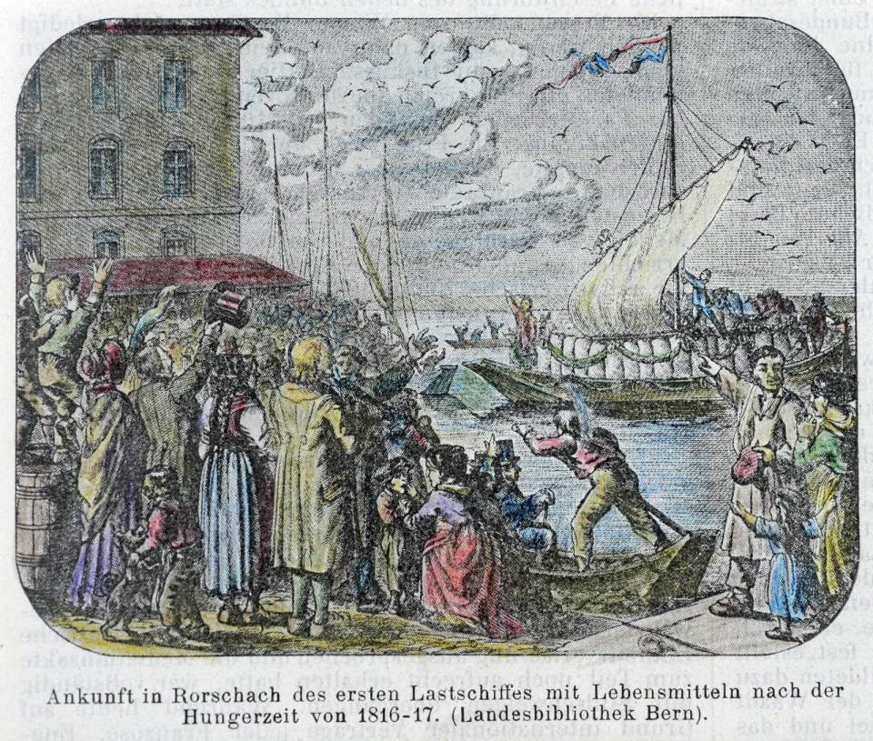 Ankunft des ersten Kornschiffes im Hafen von Rorschach nach den Hungerjahren 1816/17, um 1818