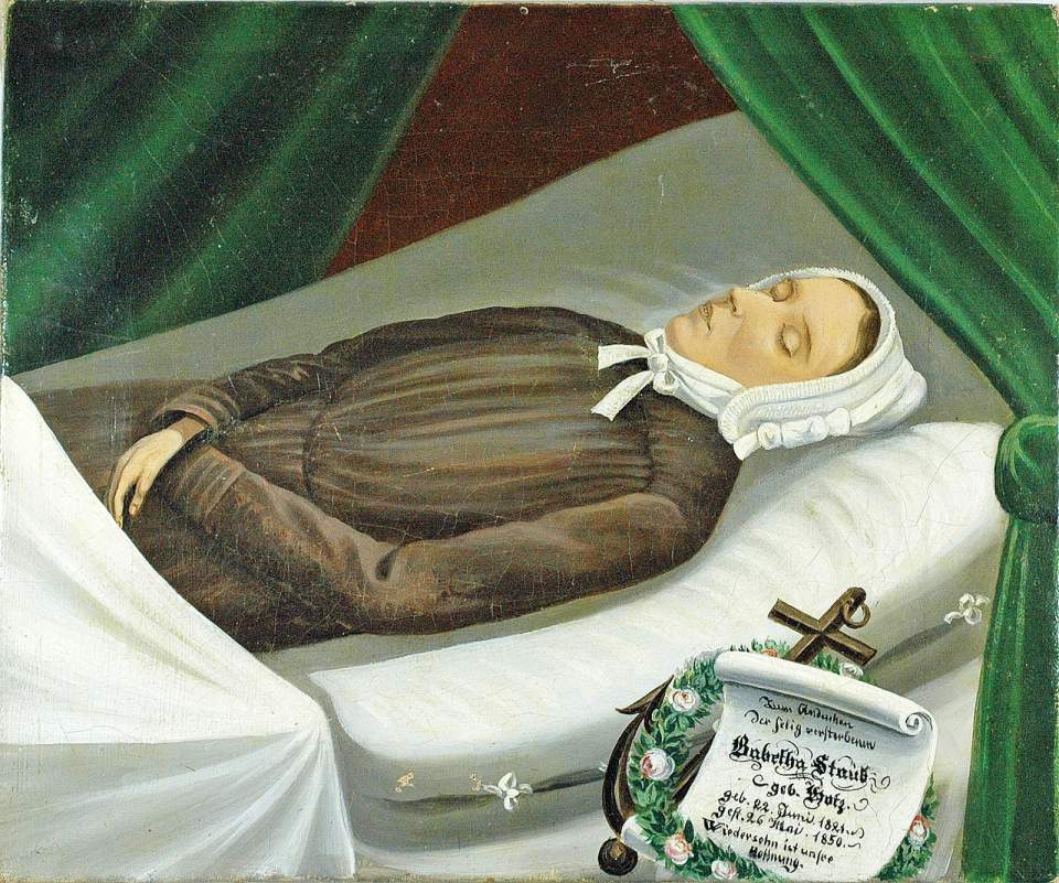 Ölbild: Babetha Staub im Sterbebett, Totenandenken; 1850