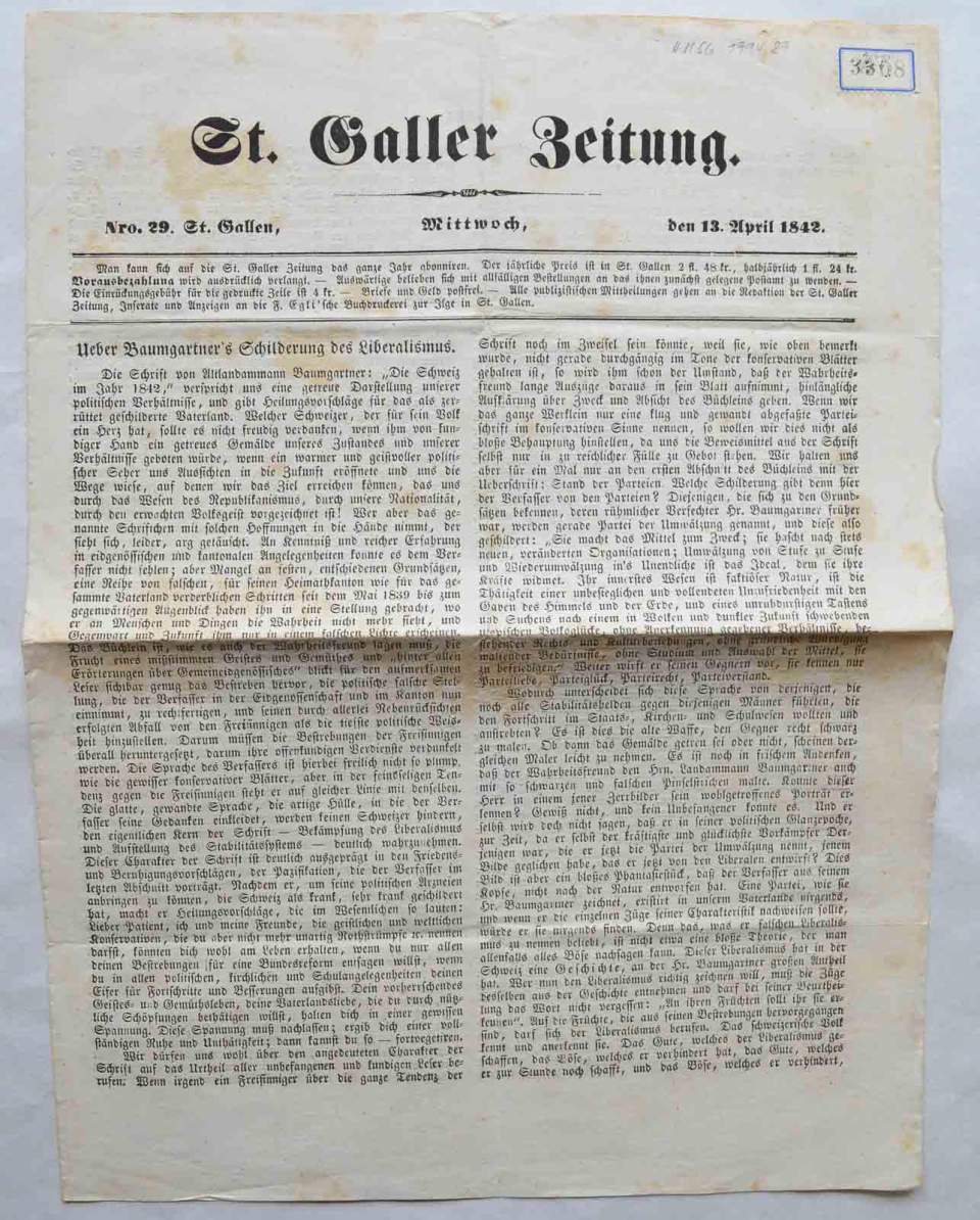 Zeitung, St. Galler Zeitung, 13. April 1842