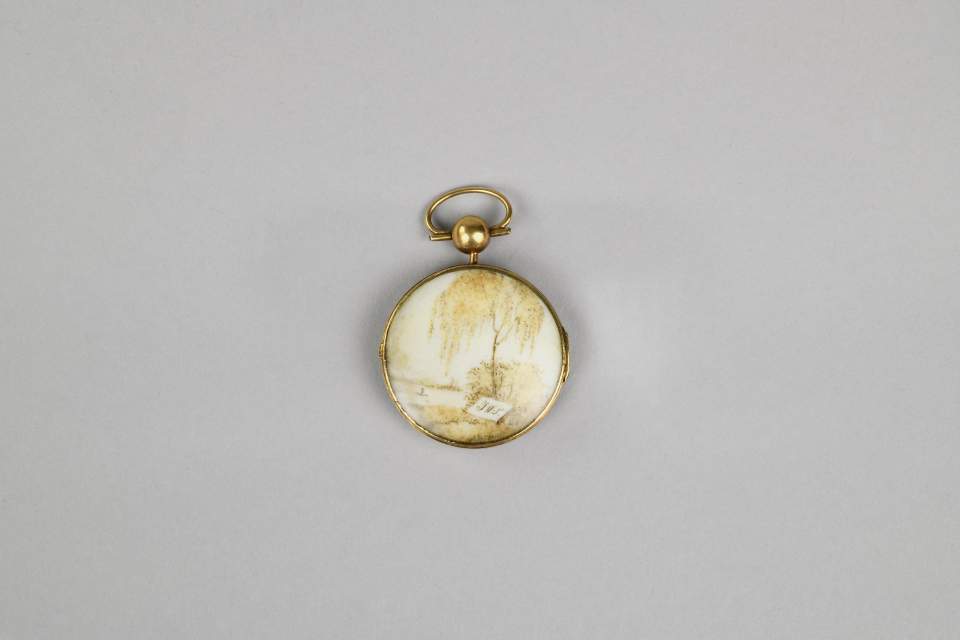 Medaillon mit Haarbild, Totenandenken, Haararbeit, doppelseitiger Anhänger, Trauerschmuck