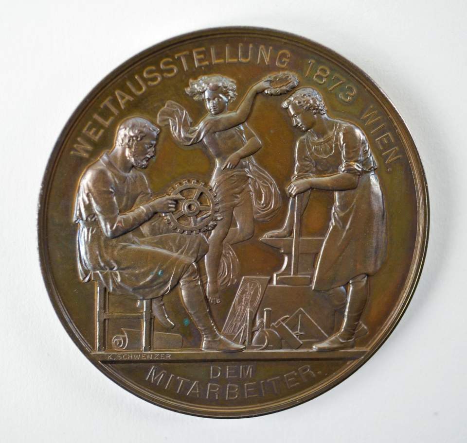 Verdienstmedaille und Diplom der Weltausstellung in Wien für Friedrich Schmid, 1873