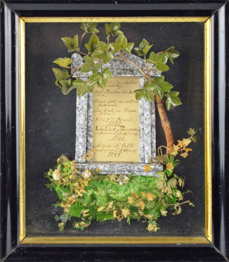 Hochzeitsandenken für Luzius Thomasin und Maria B. Cotti; Kastenbild, 1872