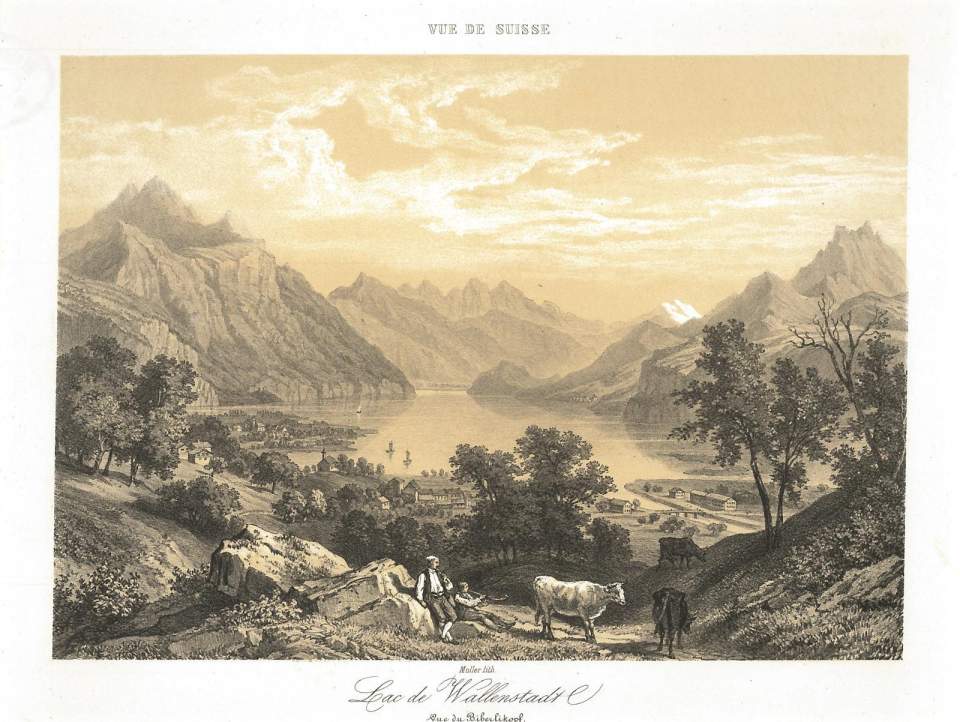 Lithografie, Ansicht vom See von Walenstadt von Osten