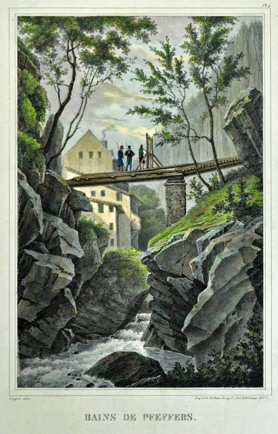 Lithografie, Ansicht der Pfäferser Bäder, koloriert