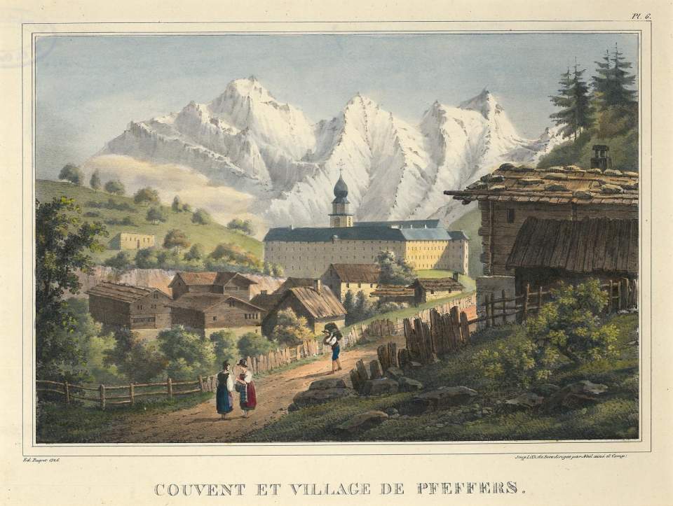 Lithografie, Ansicht des Klosters und Bad Pfäfers