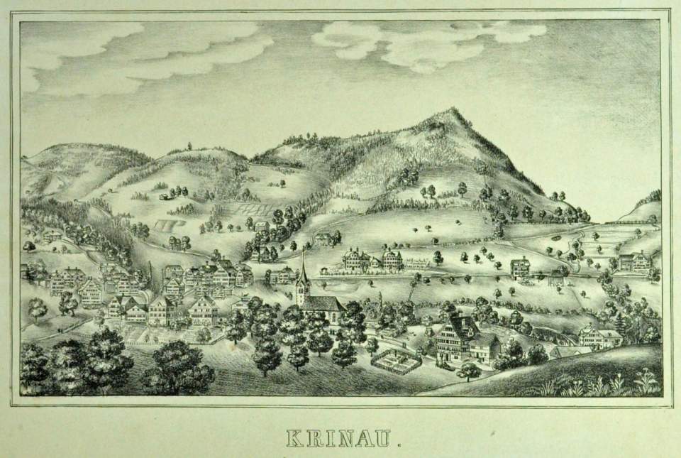 Lithografie, Ansicht von Krinau, Toggenburg