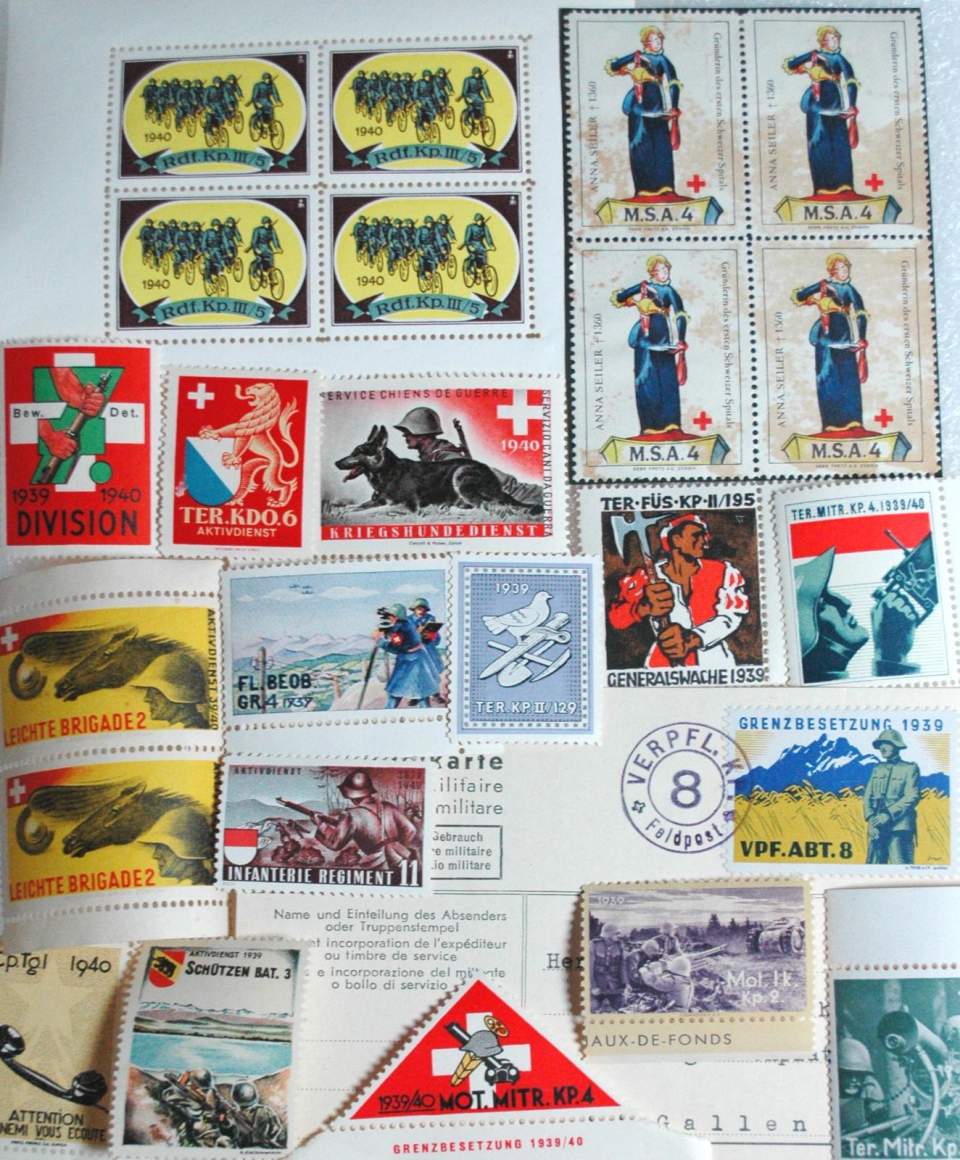 Schweizer Briefmarken mit Militärsujets aus dem 2. Weltkrieg