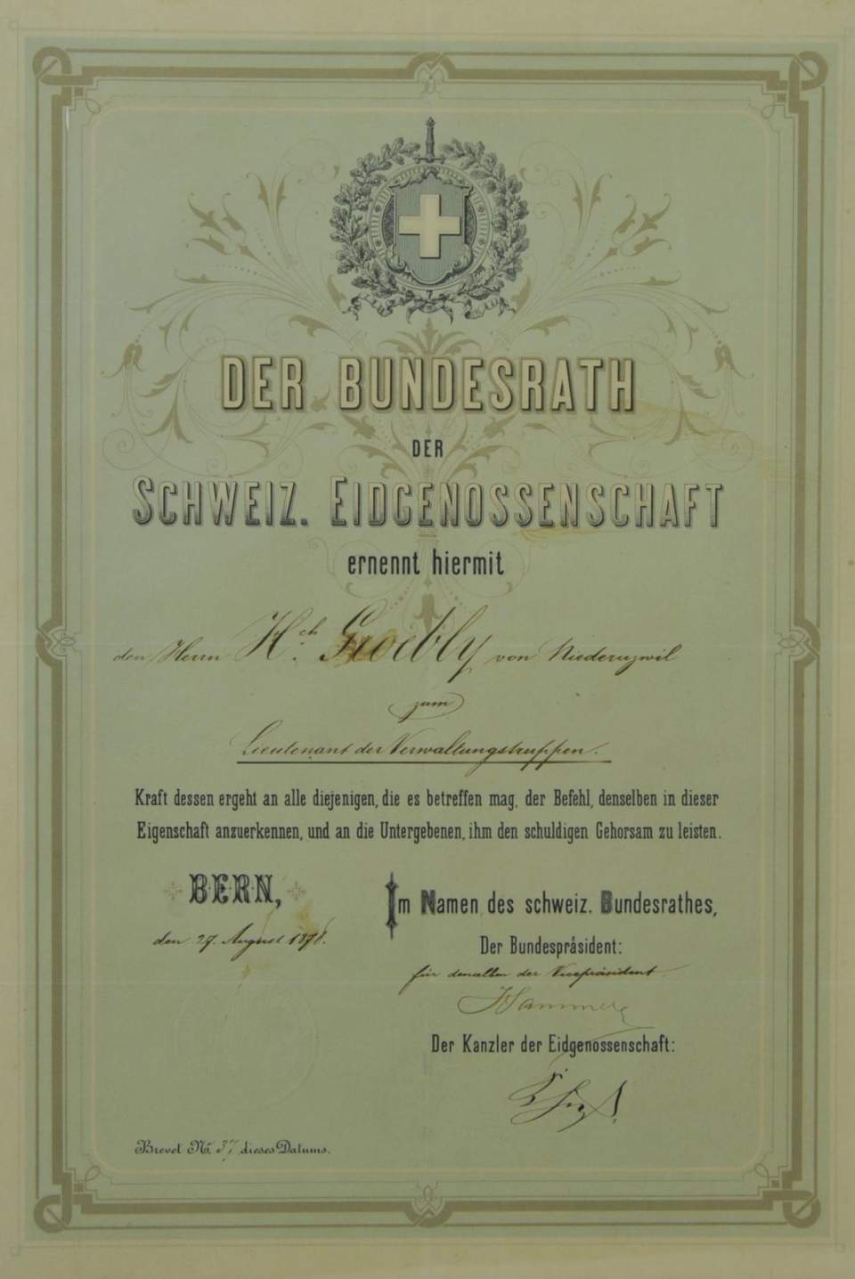 Urkunde, Ernennung zum Leutnant