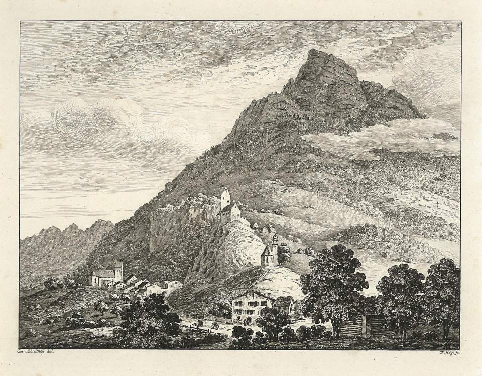 Grafik, Ansicht Sargans von Osten