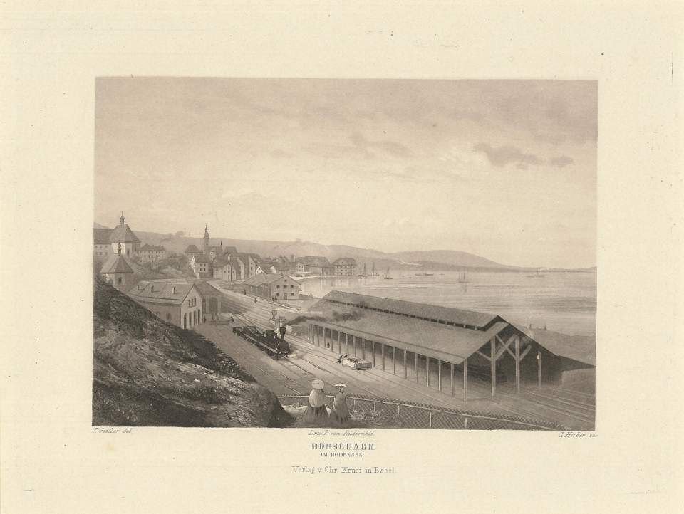 Ansicht Rorschach am Bodensee, Bahnhof und Hafenanlage