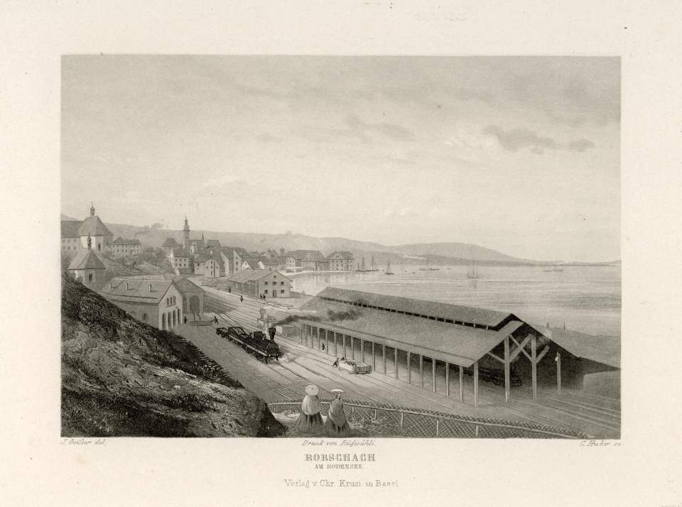 Ansicht Rorschach am Bodensee, Bahnhof und Hafenanlage