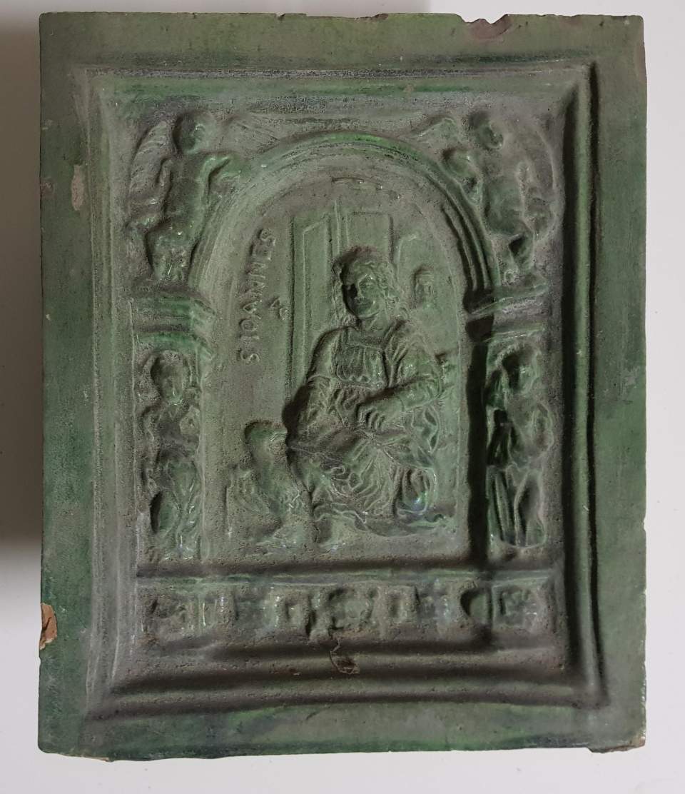 Ofenkachel, Füllkachel, grün, Evangelist Johannes