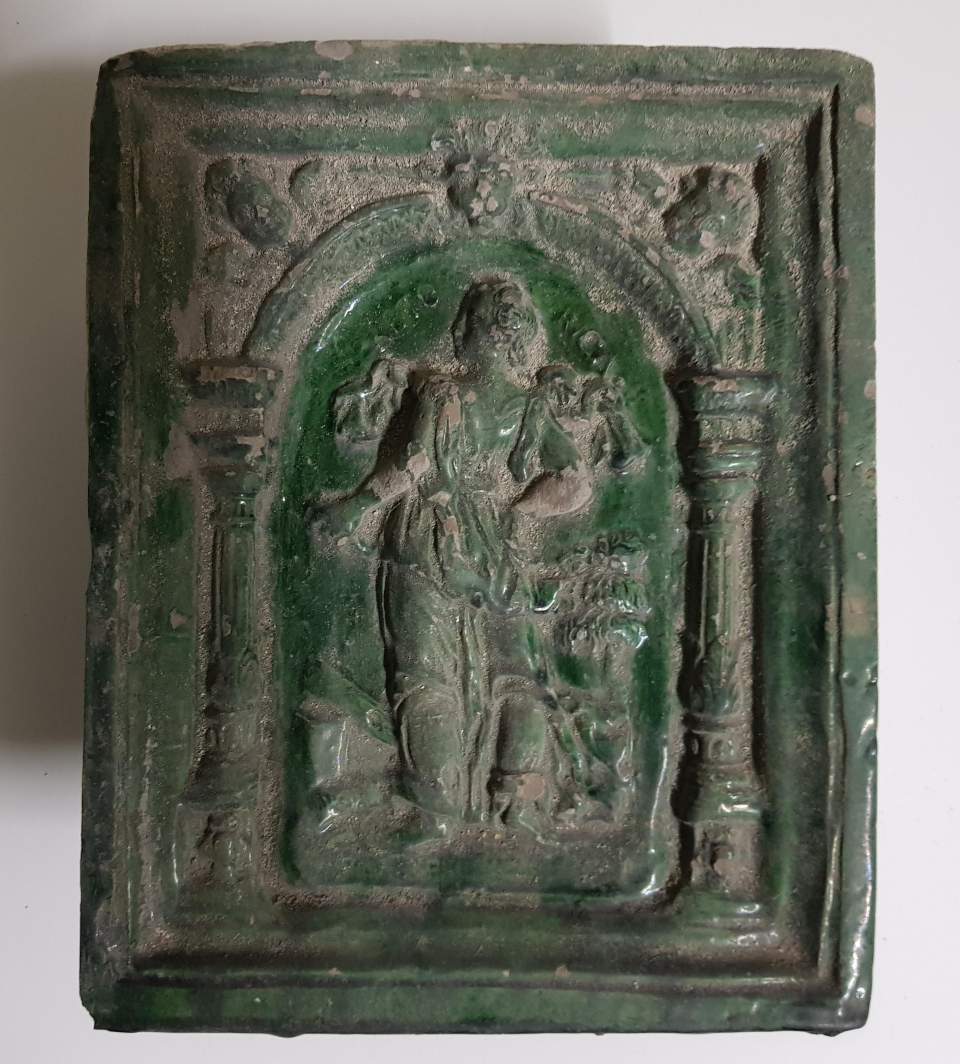 Ofenkachel, Füllkachel, grün, Allegorie Rethorik