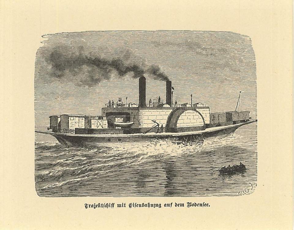 Ansicht Bodensee-Schiff mit Eisenbahnwagen
