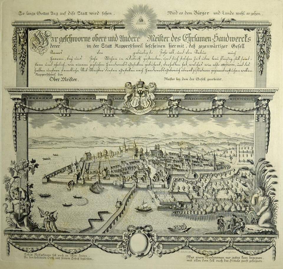 Reproduktion, Gesellenbrief mit Ansicht von Rapperswil