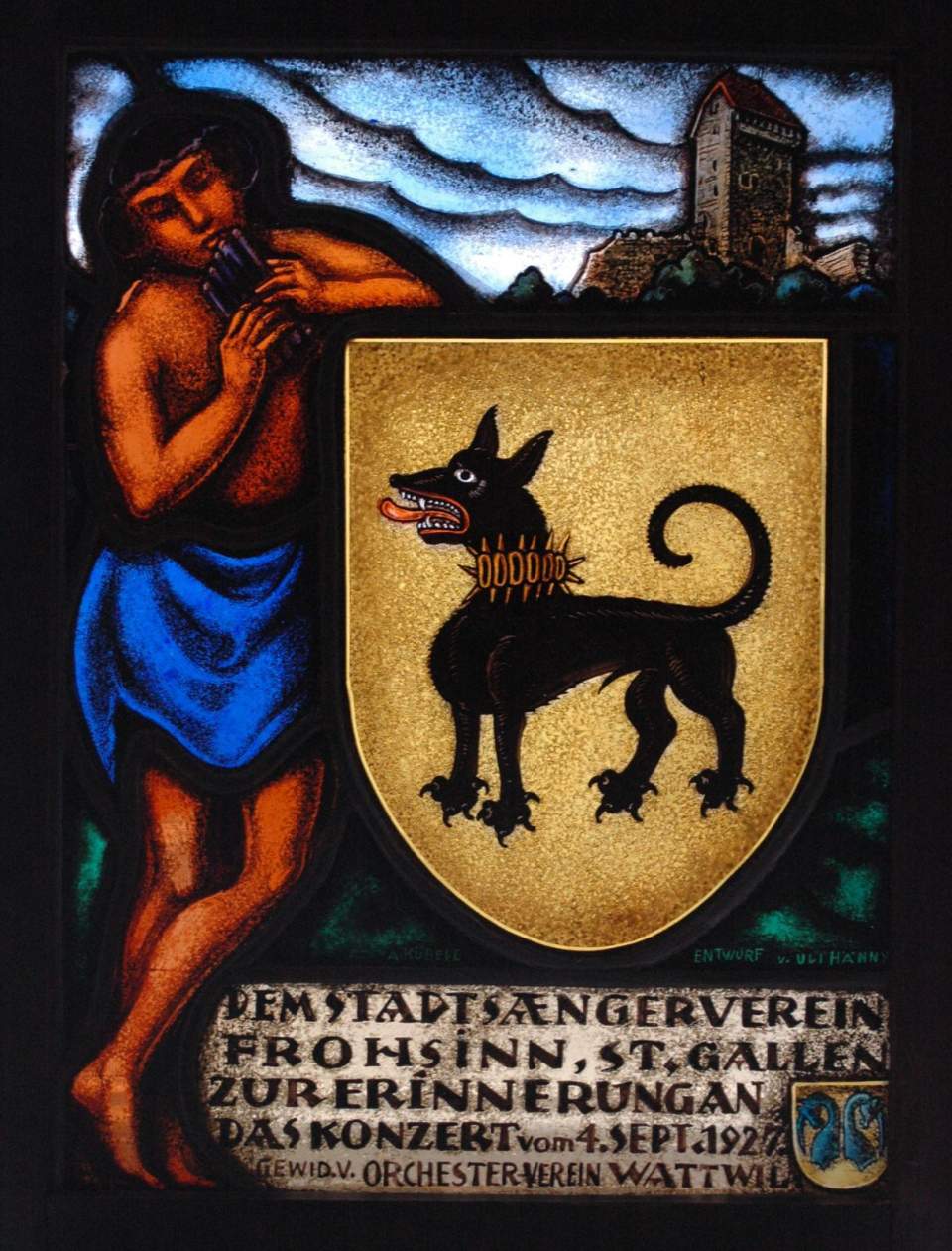 Wappenscheibe des Stadtsängervereins Frohsinn St.Gallen, Ehrengabe, Glasgemälde