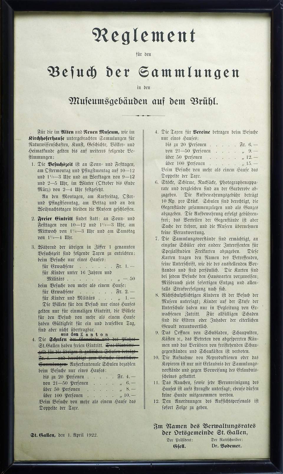 Reglement für den Besuch der Sammlungen in den Museumsgebäuden auf dem Brühl