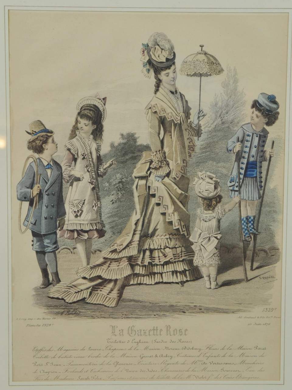 Modeillustration Frau und Kinder in Tournüren (Cul de Paris)