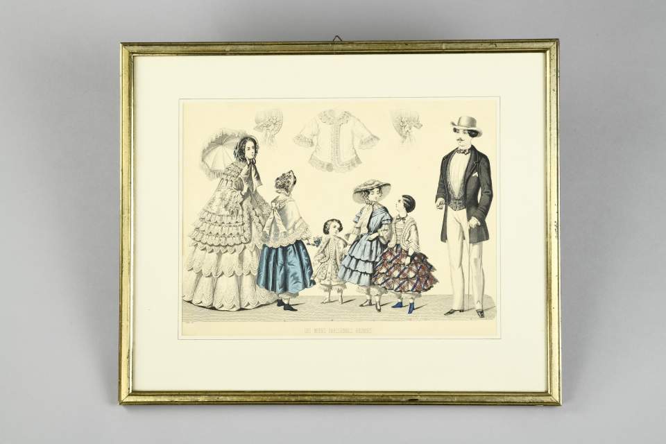 Modeillustration Mann und Frau mit Kindern in Reifröcken (Krinoline)