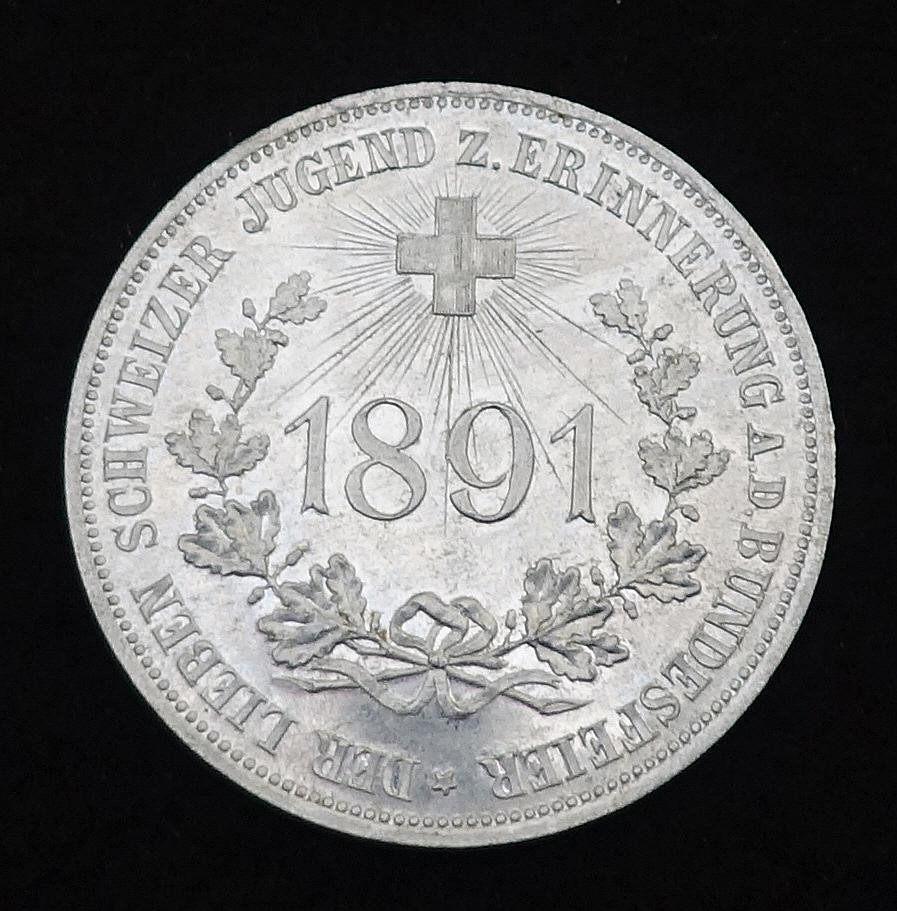 Medaille Der lieben Schweizer Jugend z. Erinnerung a.d. Bundesfeier 1891 in Etui