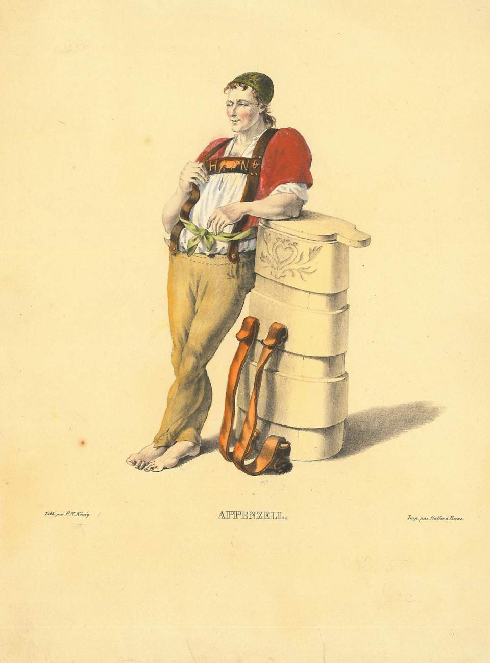 Senn in Appenzeller Tracht mit Milchtanse, Trachtenbild