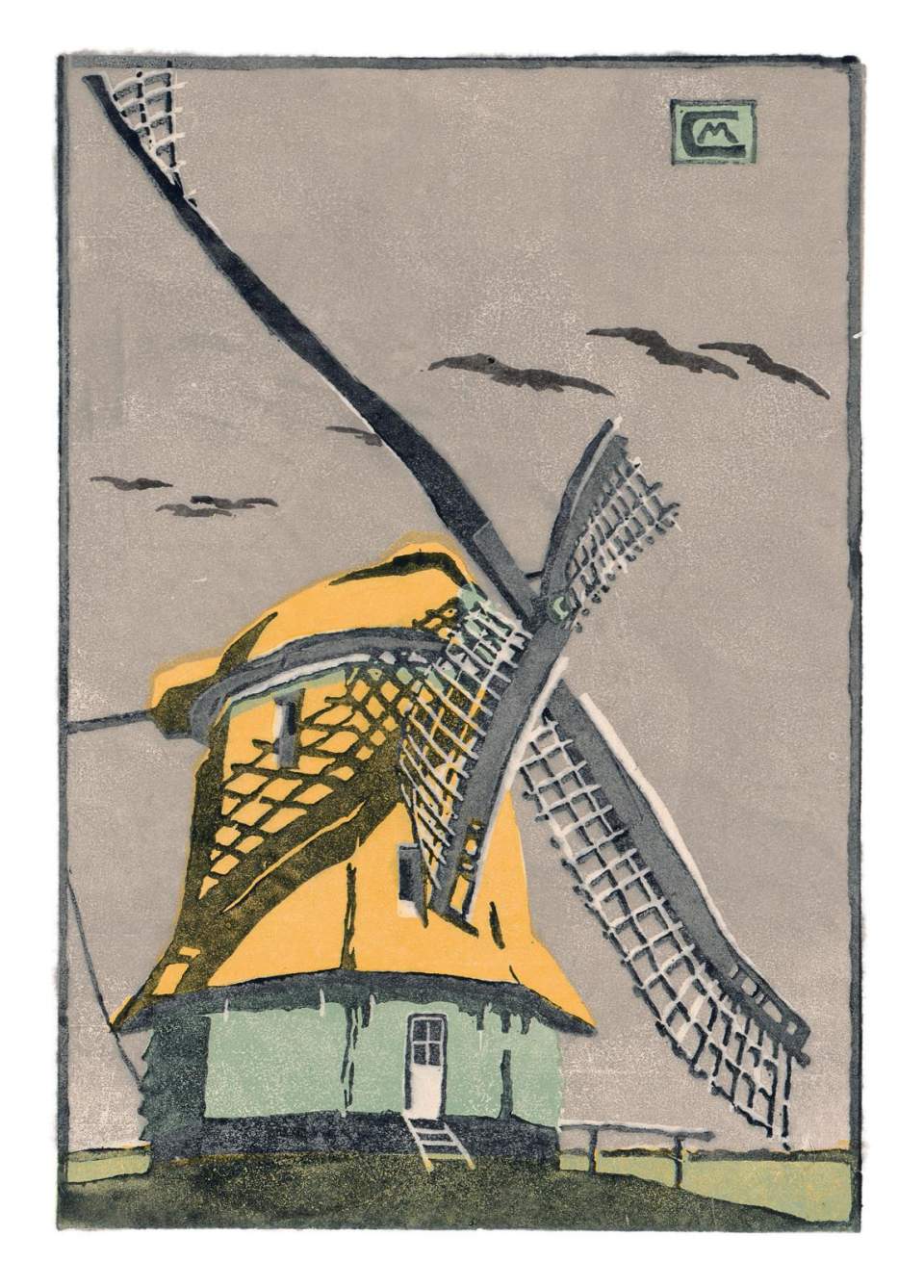 Farbholzschnitt "Holländische Windmühle" / Handdruck Nr. 1