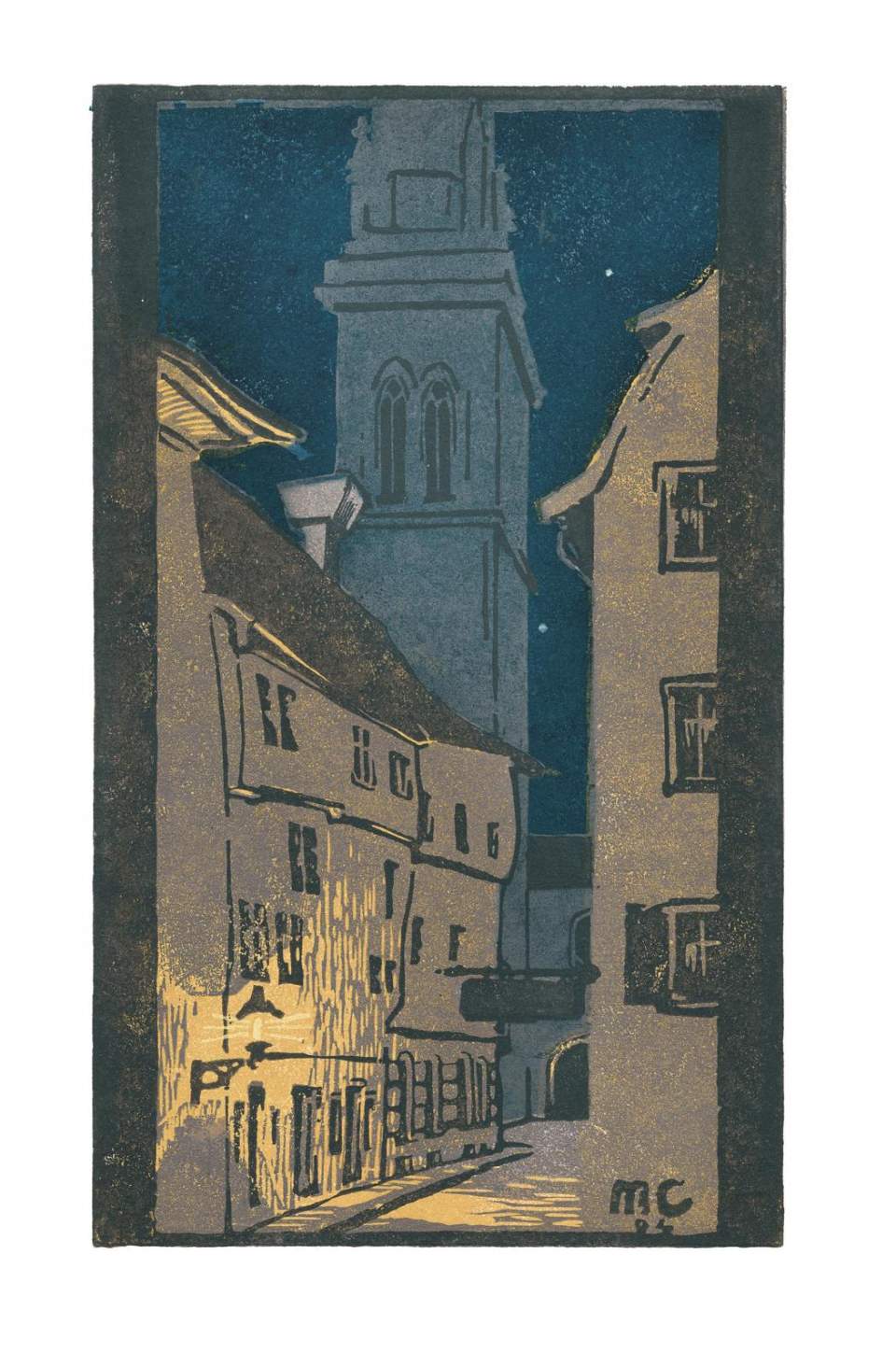 Farbholzschnitt "Im Städteli (Im Städtchen)" / Orig. Holzschnitt Handdruck Nr. 1