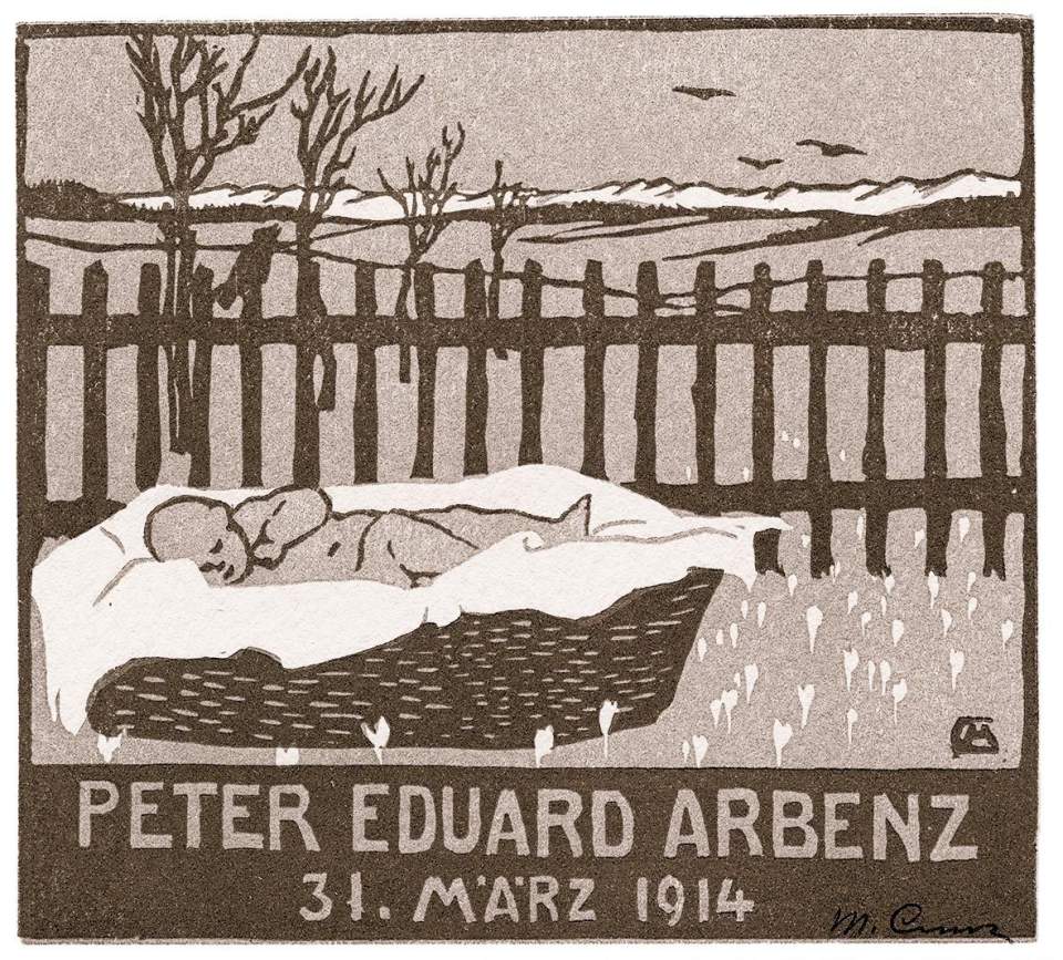 Holzschnitt - Kleingraphik "Geburtsanzeige für Peter Eduard Arbenz"