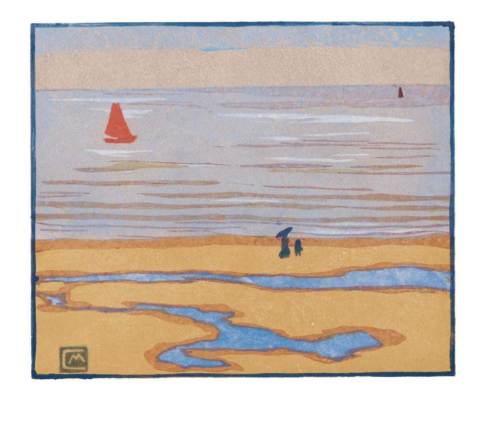 Farbholzschnitt "Am Strand" / Handdruck Nr. 13