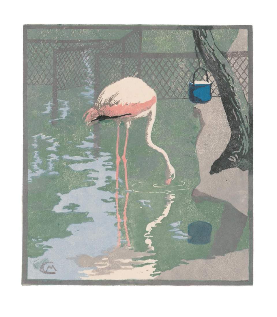 Farbholzschnitt "Flamingo" / Orig. Holzschnitt Handdruck Nr. 1