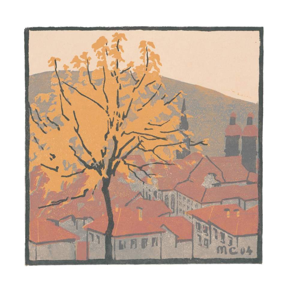 Farbholzschnitt "Gelbes Bäumchen" / Orig. Holzschnitt Handdr. Nr. 1